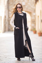 Black long sleeveless wool-feel vest with single-button closure - warm layering piece, Irene | EUG Fashion #black
