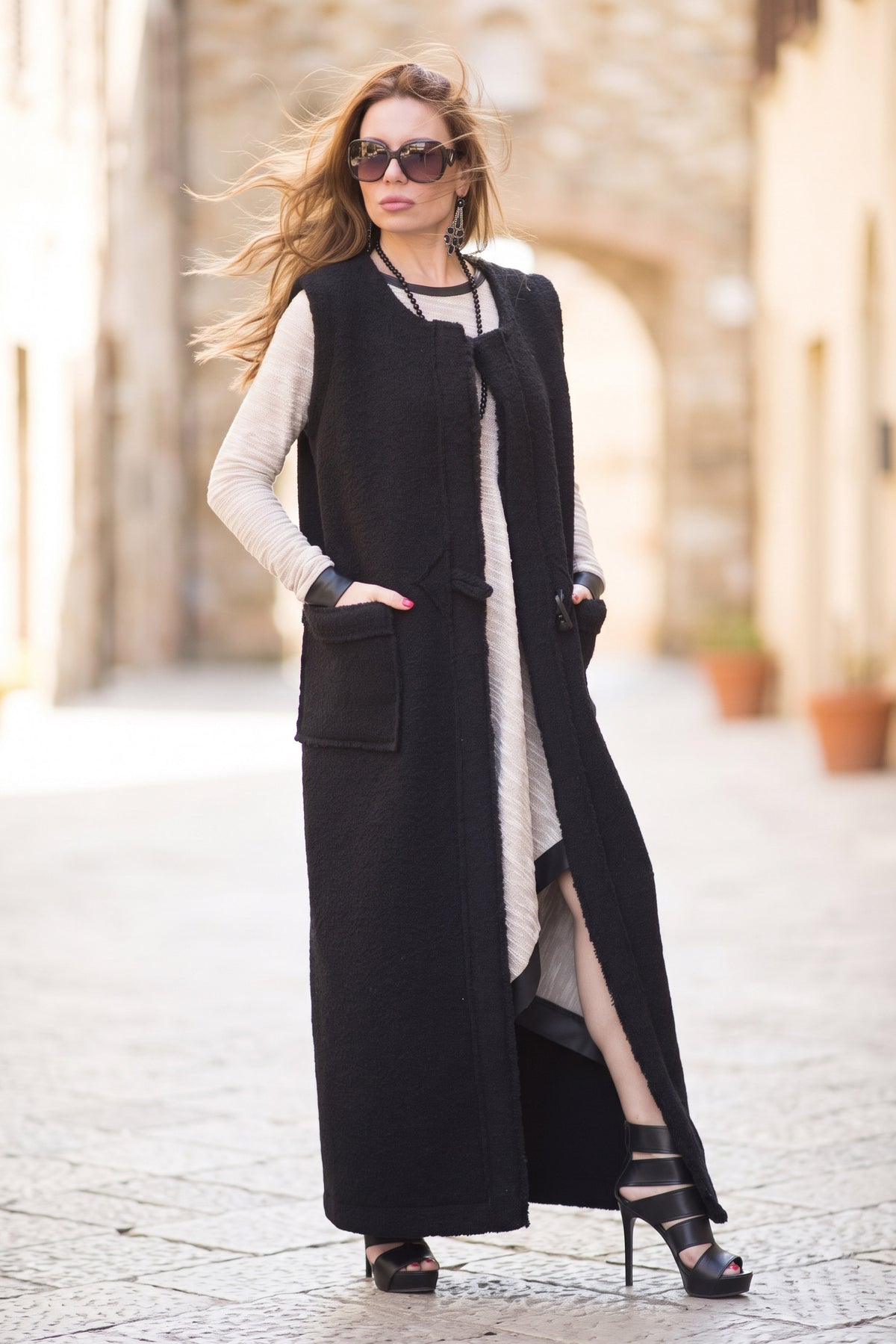 Black long sleeveless wool-feel vest with single-button closure - warm layering piece, Irene | EUG Fashion #black
