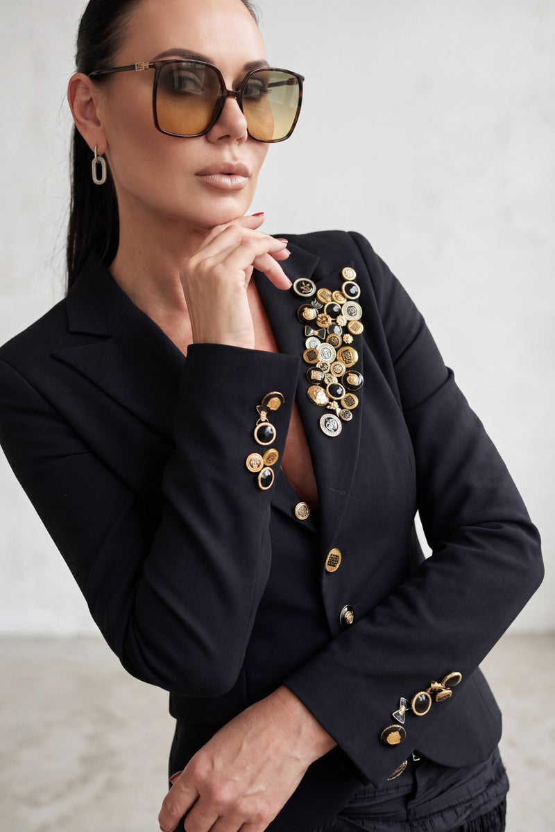 Black cold wool statement blazer with decorative button lapel - tailored silhouette, Casidy | EUG Fashion #black