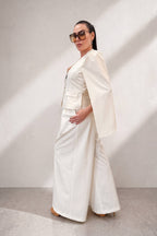 White cape blazer with fitted vest front, V-neckline and button closure - elegant cape panels from shoulders, Oslo | EUG Fashion #white