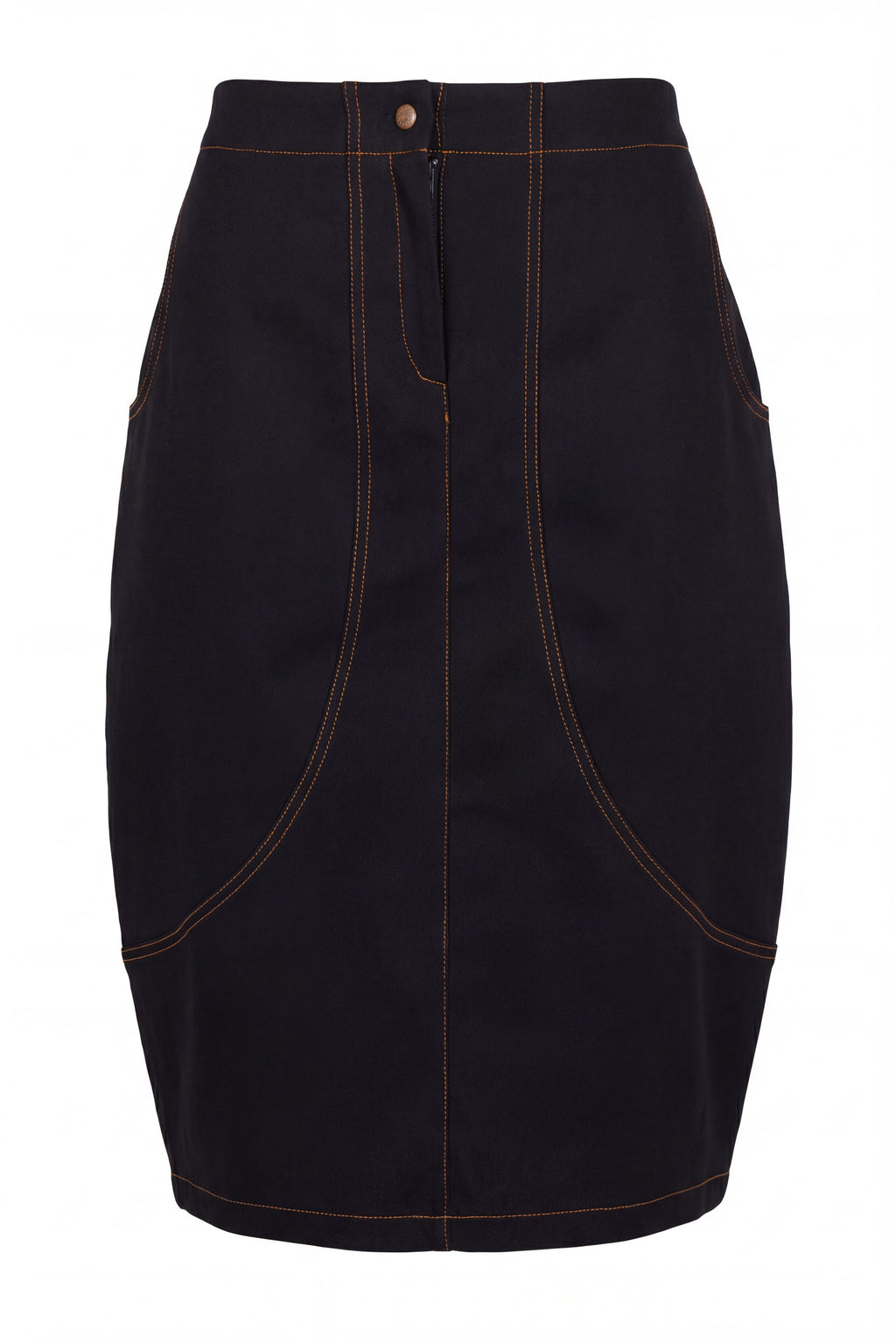 Black denim barrel skirt Huanita with topstitching front pockets and back slit - EUG Fashion #black

