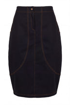 Black denim barrel skirt Huanita with topstitching front pockets and back slit - EUG Fashion #black
