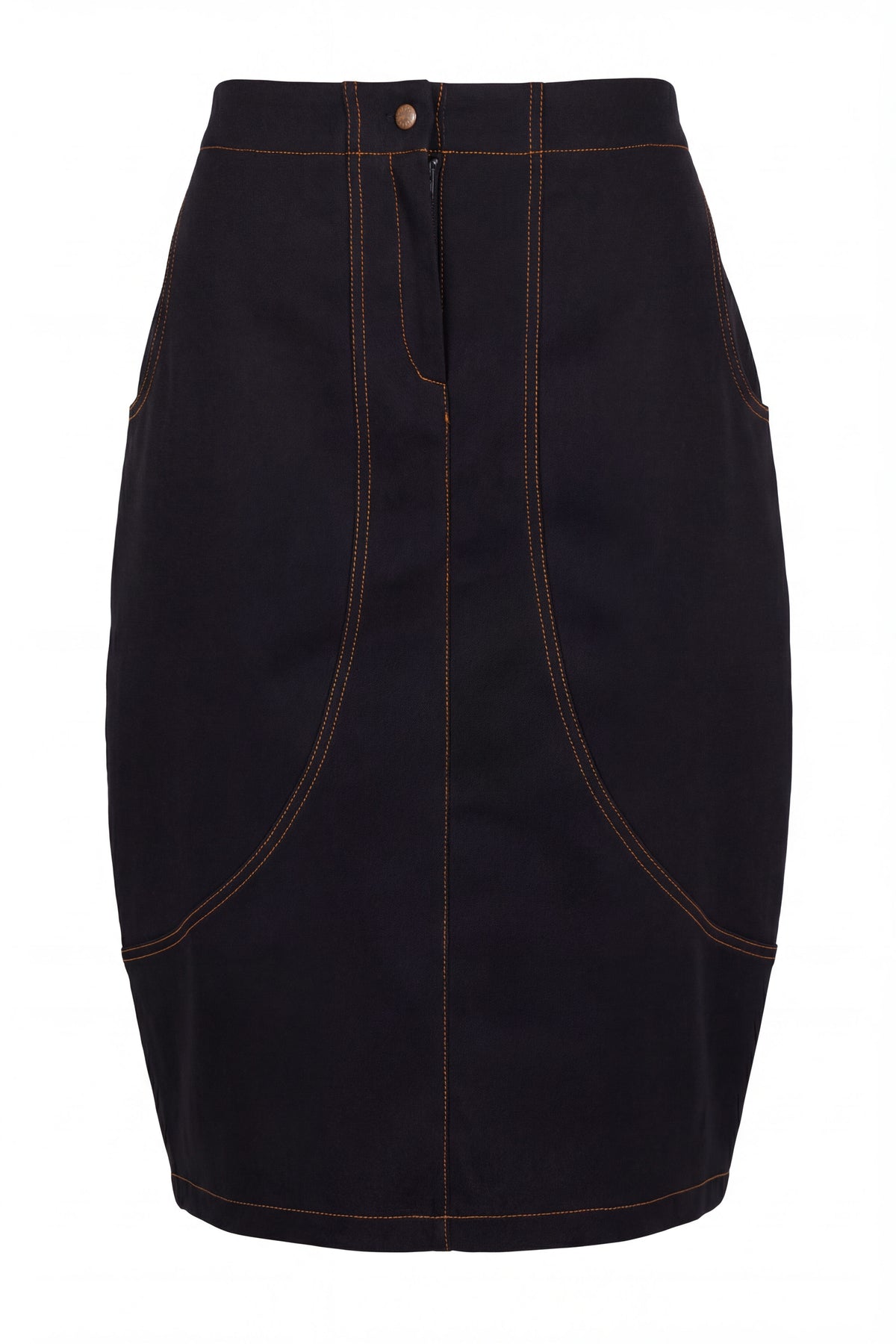 Black denim barrel skirt Huanita with topstitching front pockets and back slit - EUG Fashion #black

