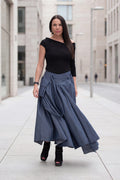 Dark blue denim asymmetric skirt Zefira with suspenders and cargo pockets - EUG Fashion #dark-blue
