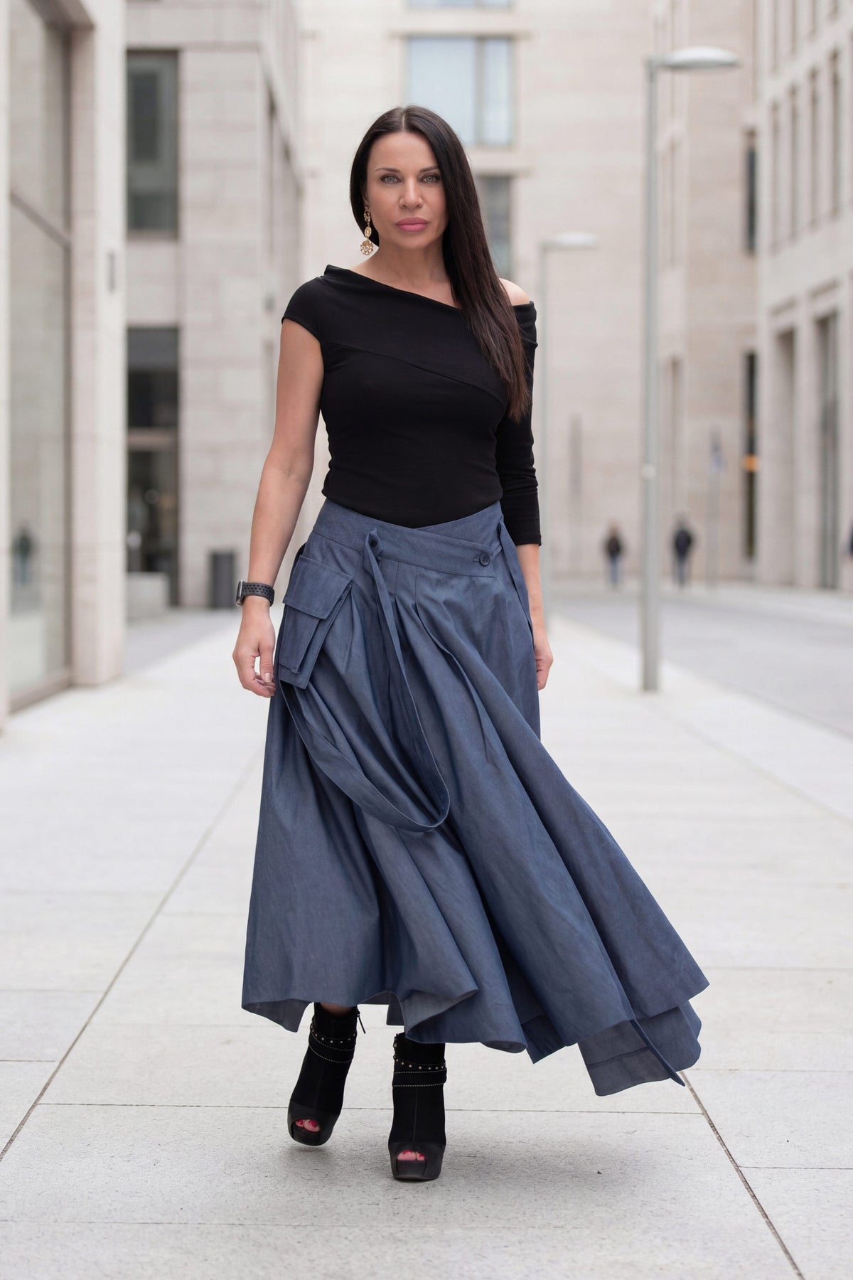 Dark blue denim asymmetric skirt Zefira with suspenders and cargo pockets - EUG Fashion #dark-blue
