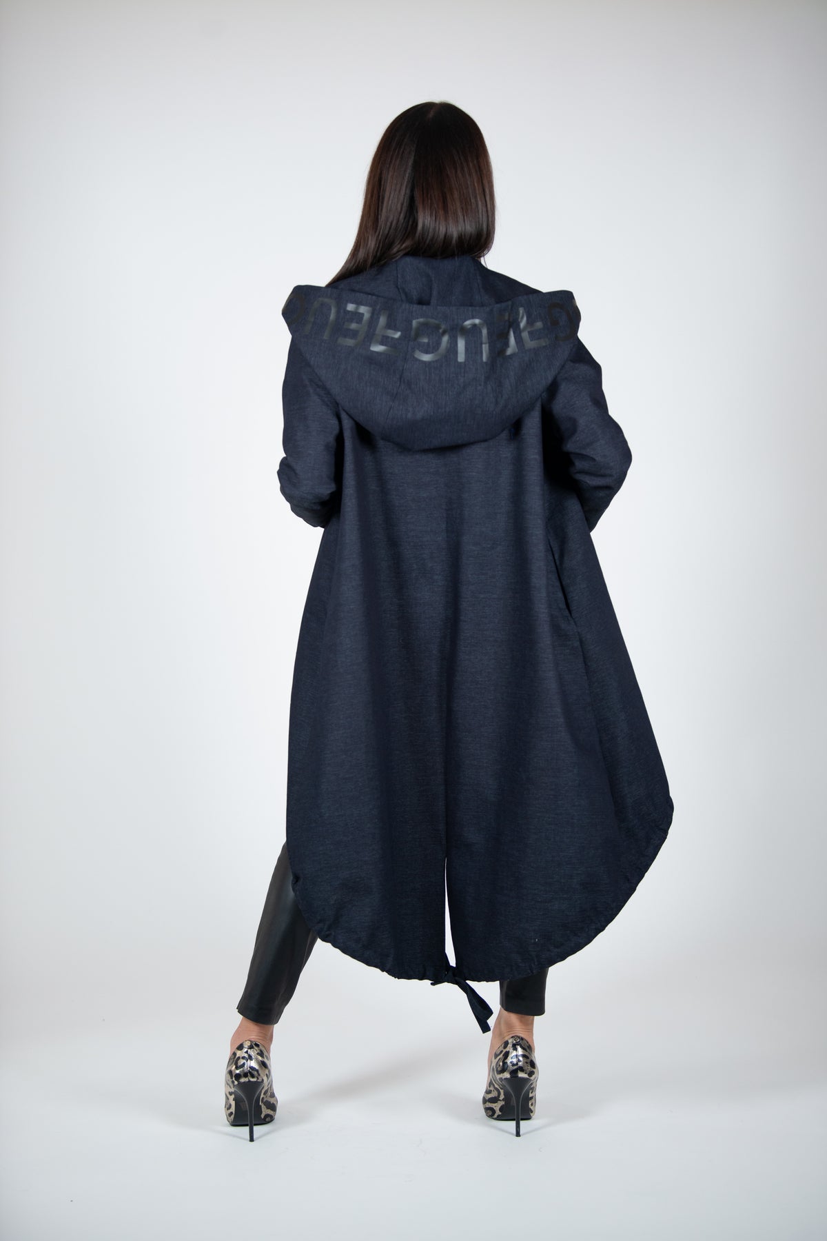 Navy denim hooded asymmetric jacket Sydney with zip and drawstring hem - EUG Fashion #navy
