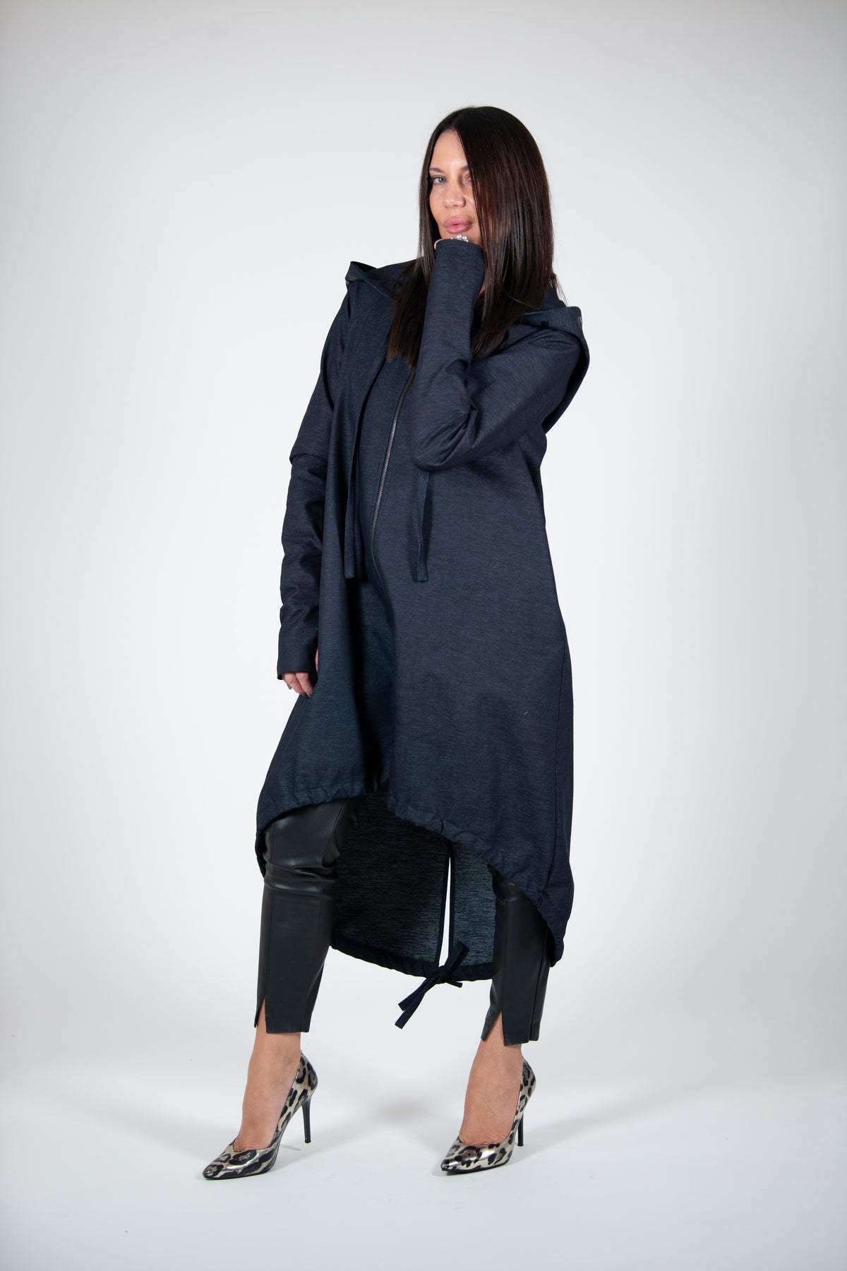 Navy denim hooded asymmetric jacket Sydney with zip and drawstring hem - EUG Fashion #navy
