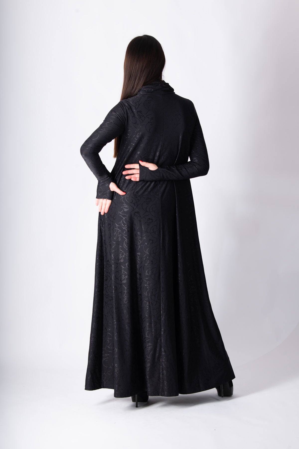 Black floral embroidered turtleneck maxi dress Veronica with silk threads - EUG Fashion #black
