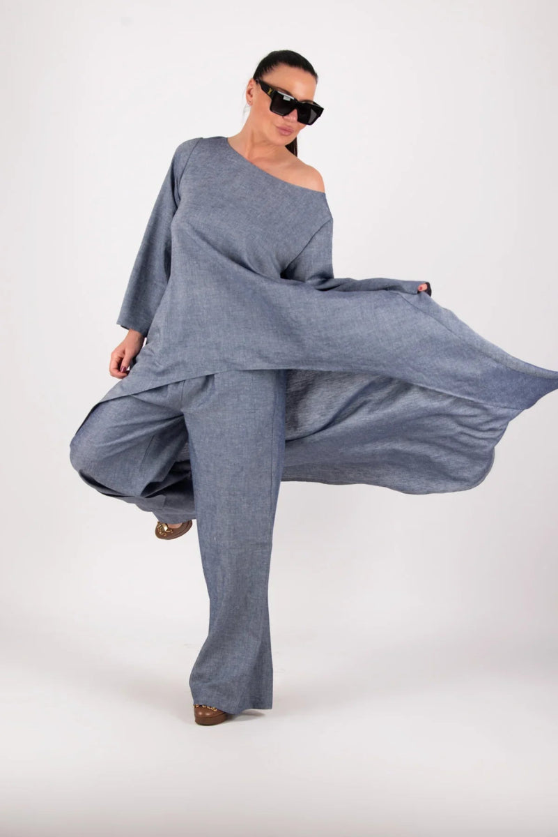 JESIKA JEANS BLUE WIDE LINEN PANTS - EUG Fashion EugFashion 