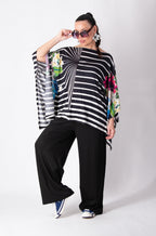 Black viscose summer set - loose striped printed boat-neck top and wide trousers with elasticated waist and side pockets, Lian | EUG Fashion #black