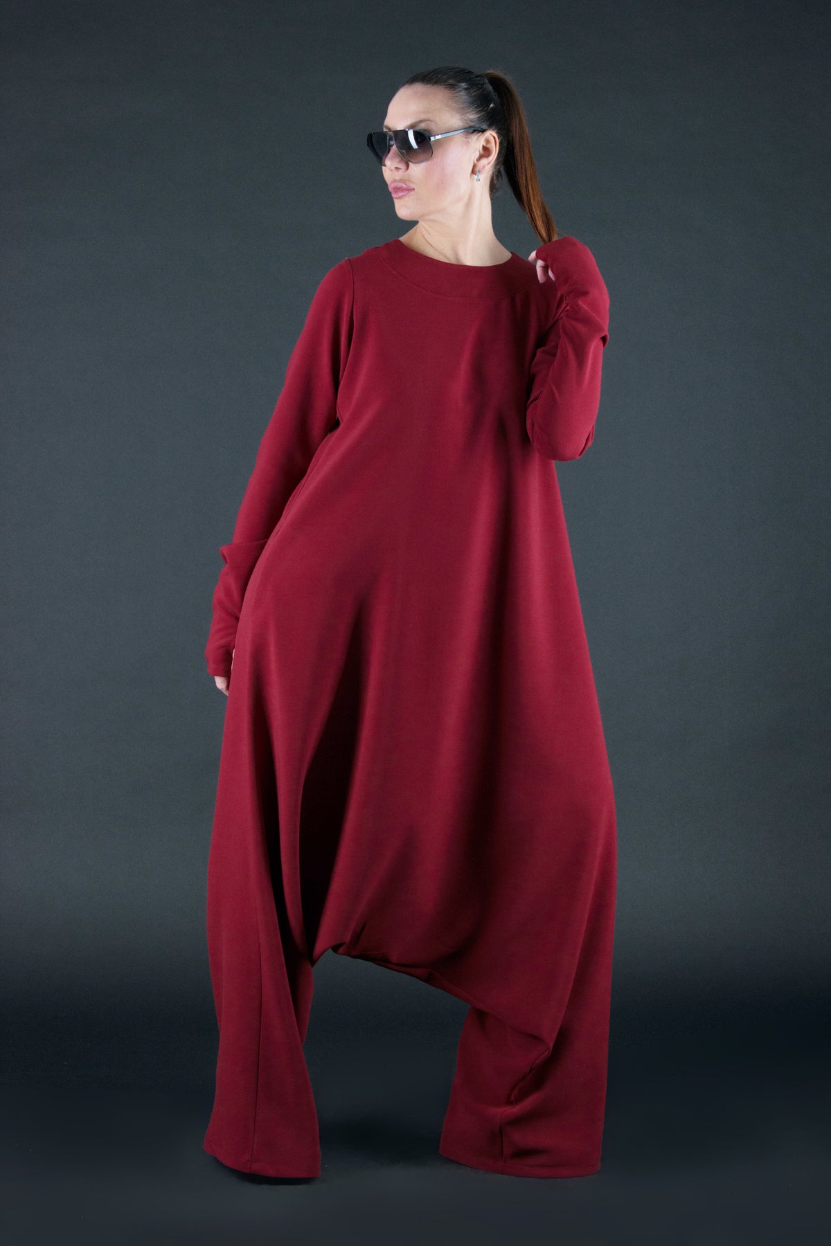 woman in wide long jumpsuit #dark-red