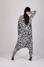 Black white stretch jersey harem jumpsuit - geometric and lettering print, boat neckline and narrow sleeves, Marla | EUG Fashion
