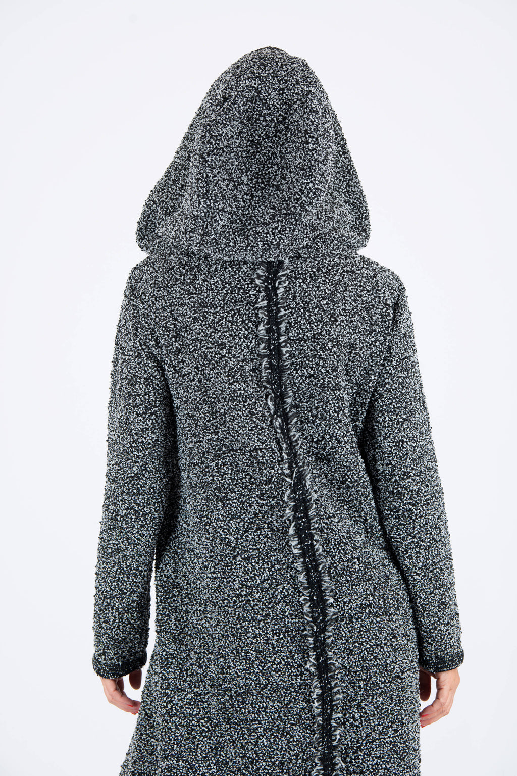 Dark grey hooded bouclé maxi dress Linda with reverse fabric back detail - EUG Fashion #dark-grey