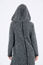 Dark grey hooded bouclé maxi dress Linda with reverse fabric back detail - EUG Fashion #dark-grey