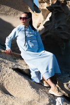 Light Blue cotton fleece hooded dress - loose long silhouette, kangaroo pocket and two side slits, Suzana | EUG Fashion #light-blue