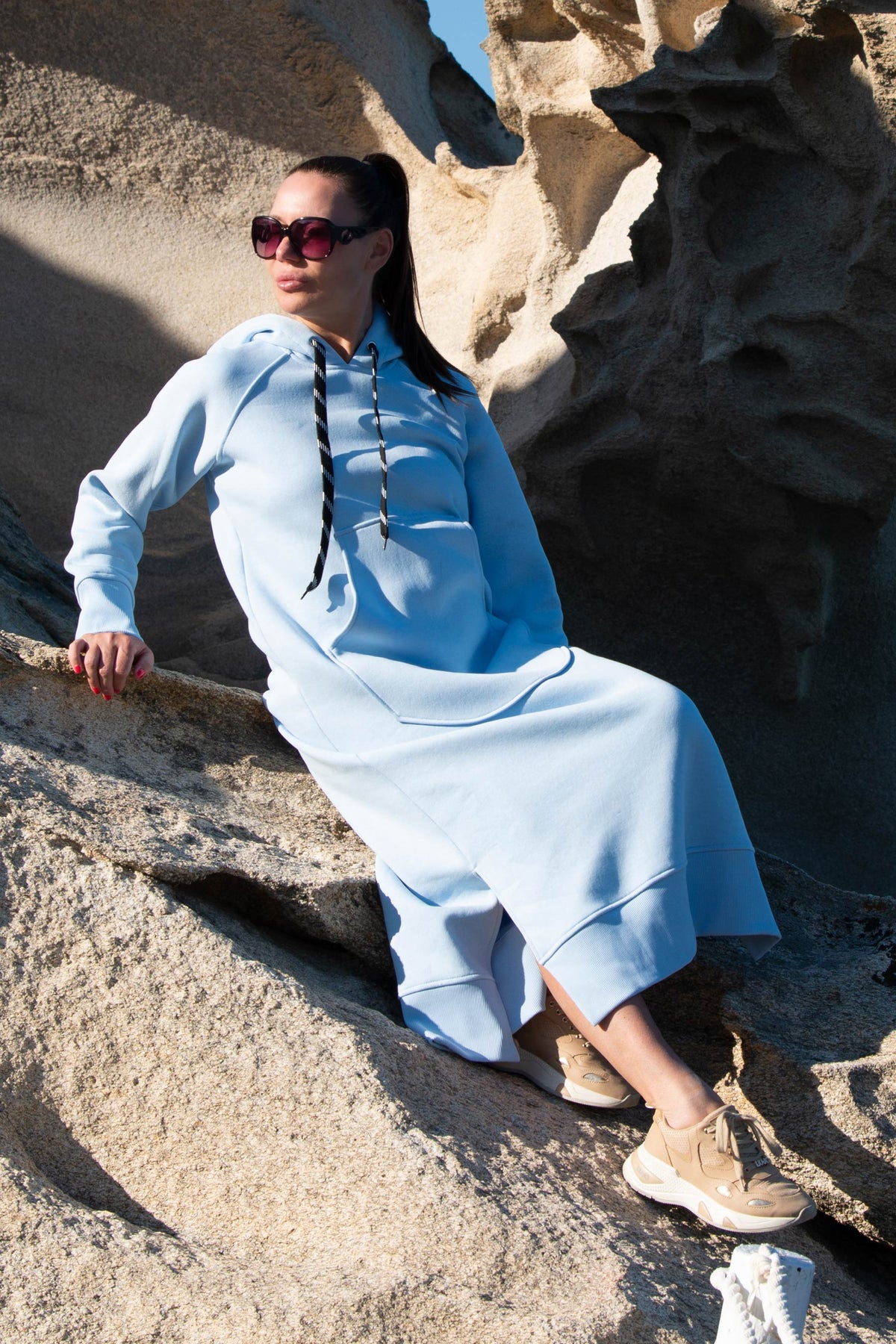 Light Blue cotton fleece hooded dress - loose long silhouette, kangaroo pocket and two side slits, Suzana | EUG Fashion #light-blue