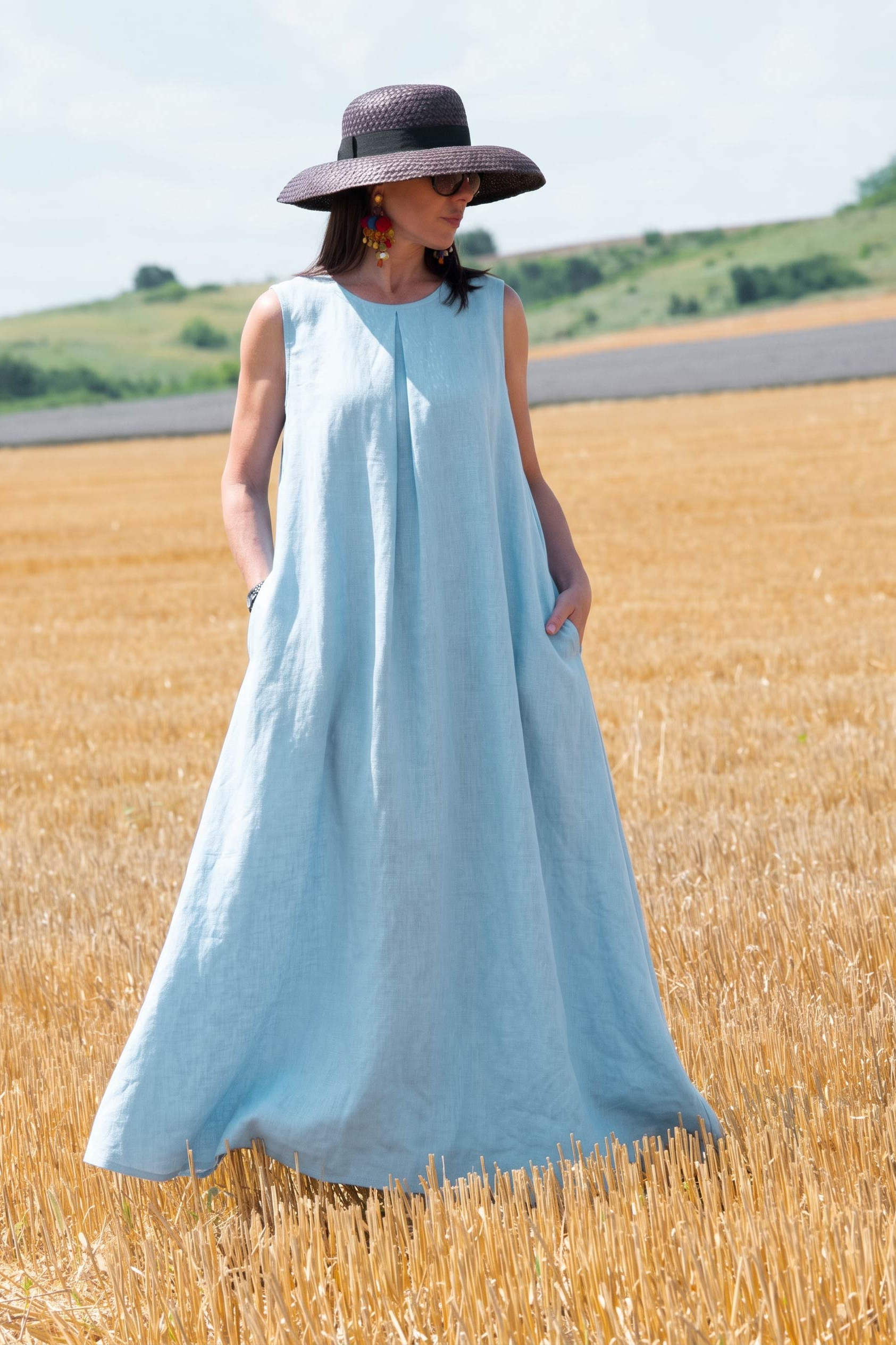 Linen sleeveless dress #light-blue