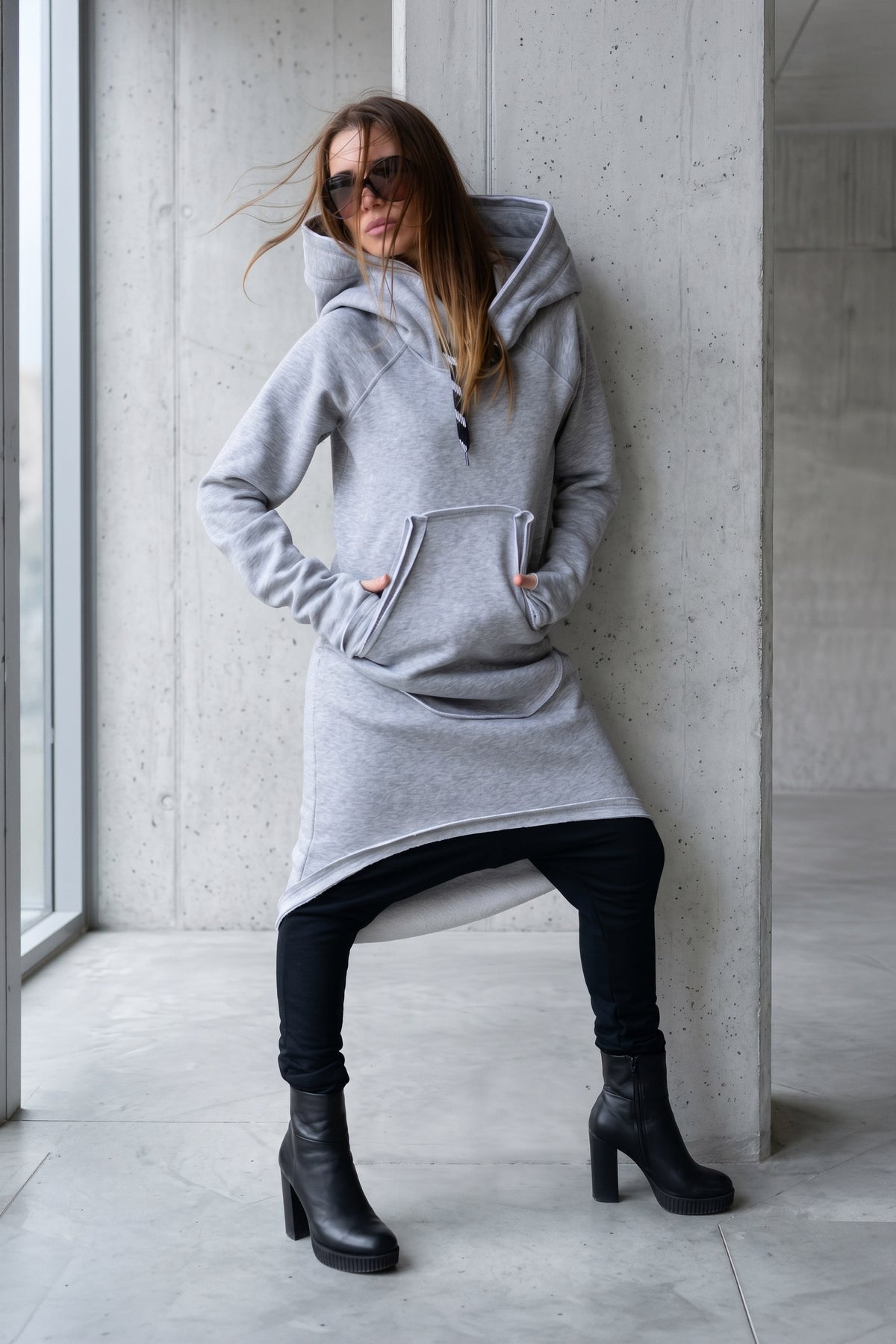 Light gray 100% cotton hooded dress with large hood and kangaroo pocket - soft and warm for winter, Melinda | EUG Fashion #light-gray
