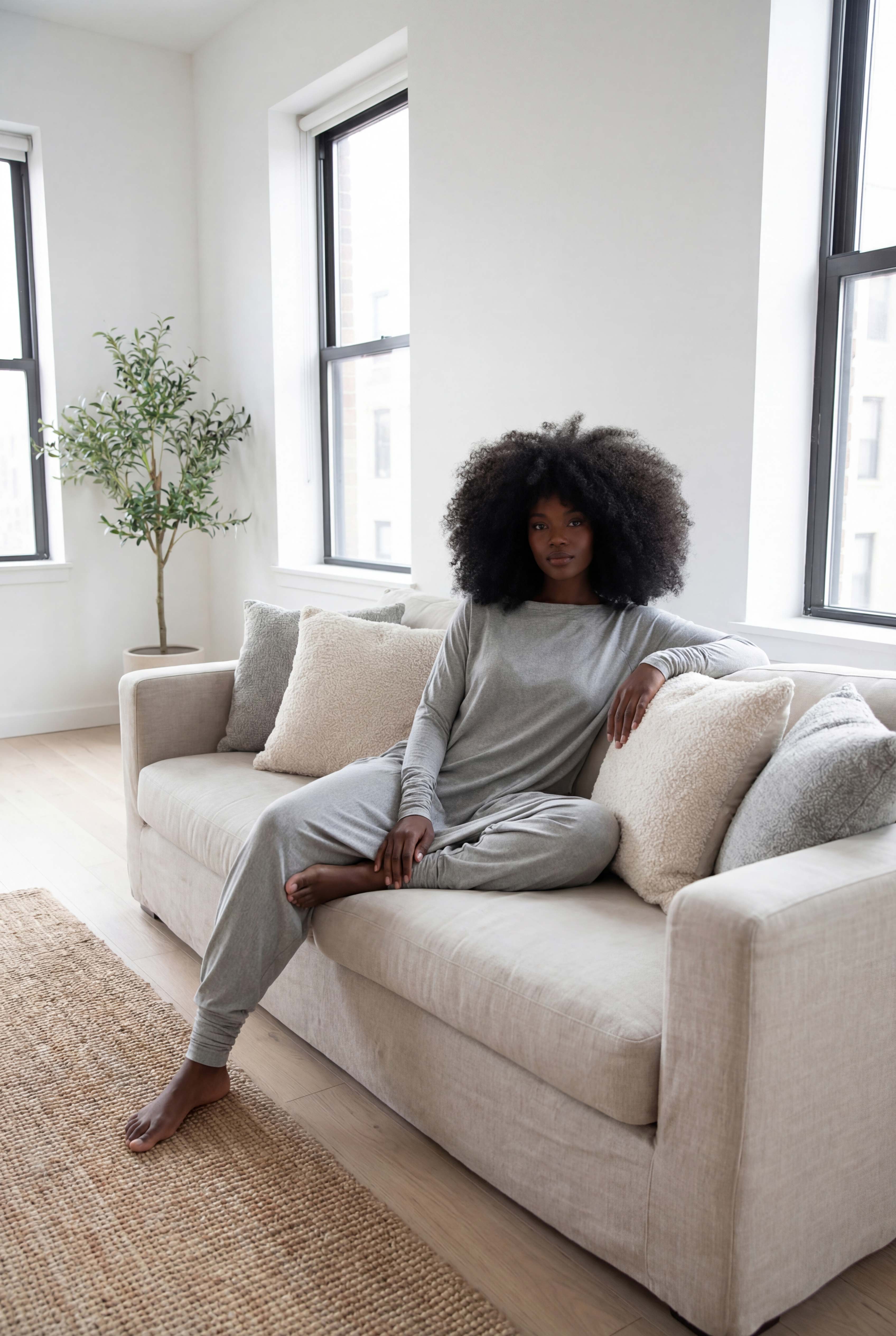 Woman sitting on a beige sofa in a bright living room with large windows.
