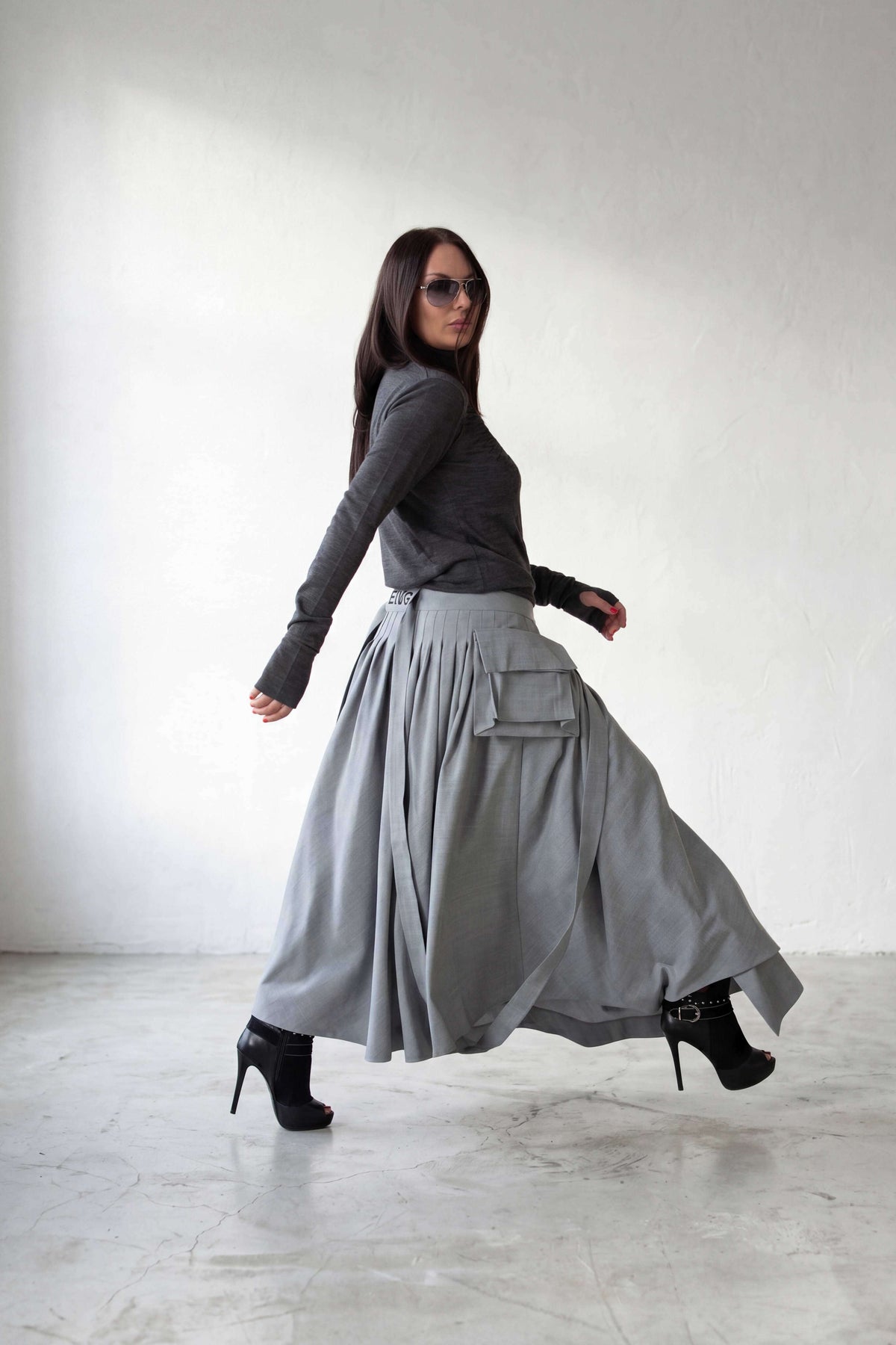 Light gray asymmetric pleated wool skirt Zefira with suspenders and cargo pockets - EUG Fashion #light-gray
