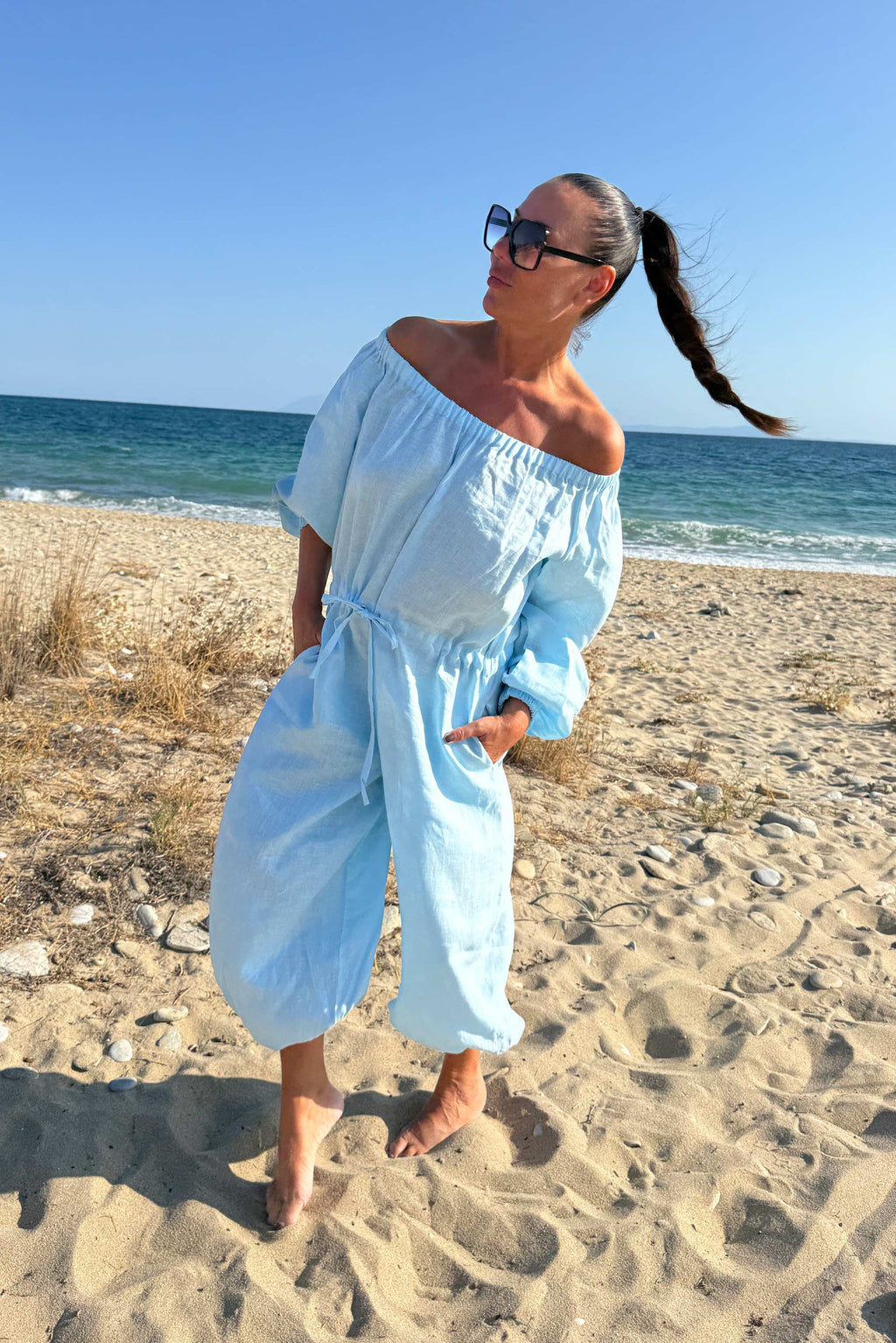 light blue linen jumpsuit