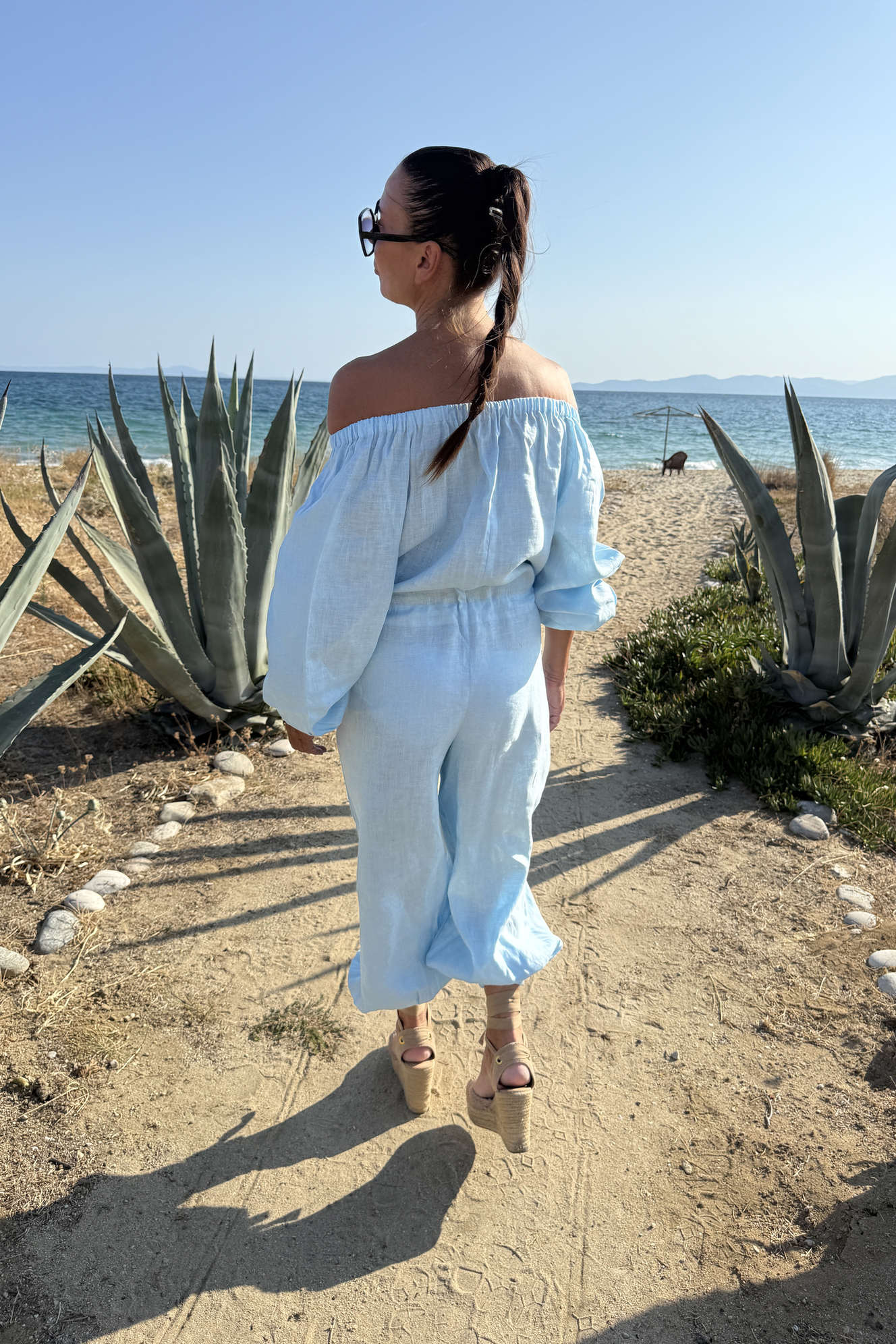 off shoulders linen jumpsuit #light-blue