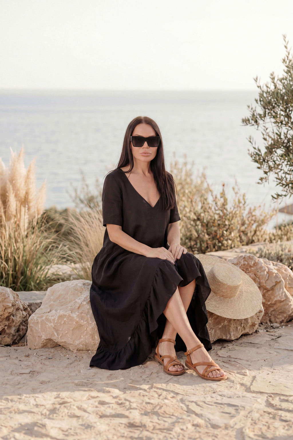 linen wide summer dress - EUG fashion #black