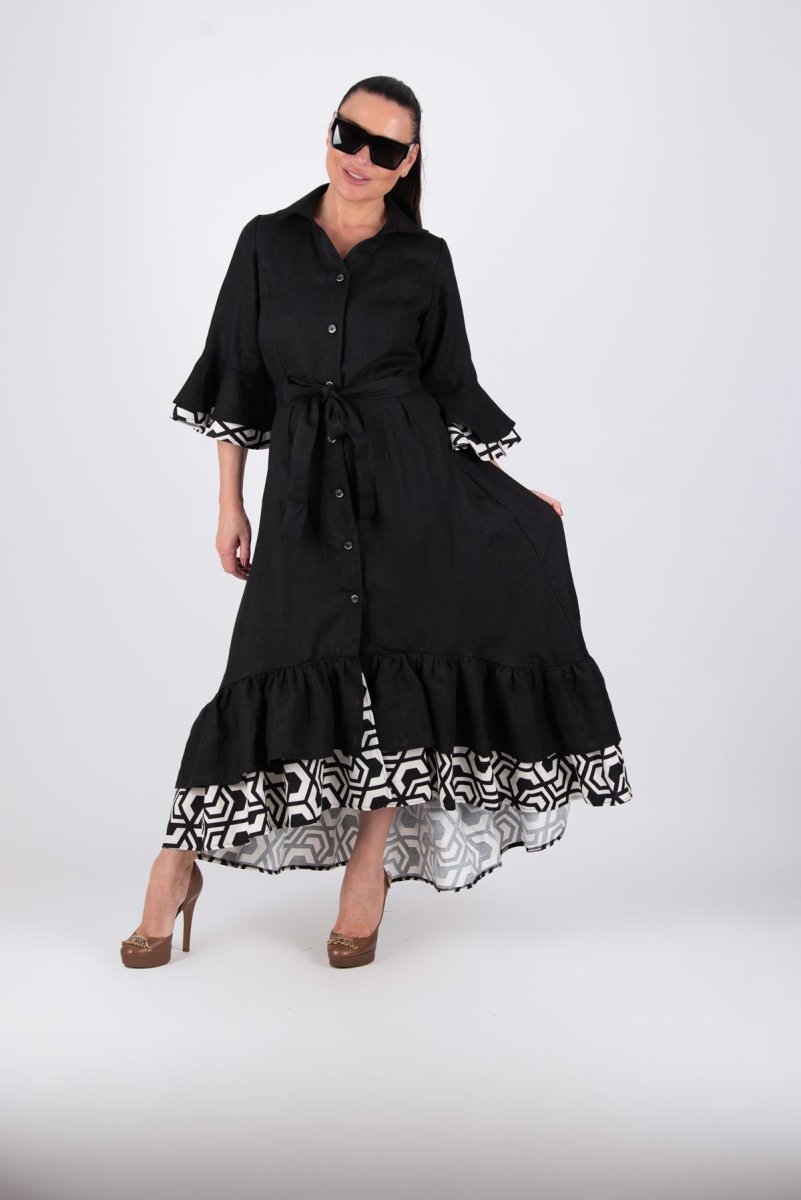 Linen Black Flounces Dress SALEM - EUG Fashion