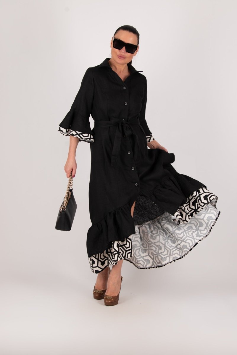 Linen Black Flounces Dress SALEM - EUG Fashion