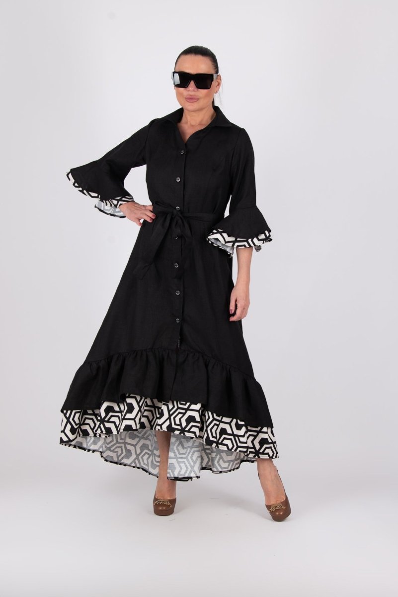 Linen Black Flounces Dress SALEM - EUG Fashion
