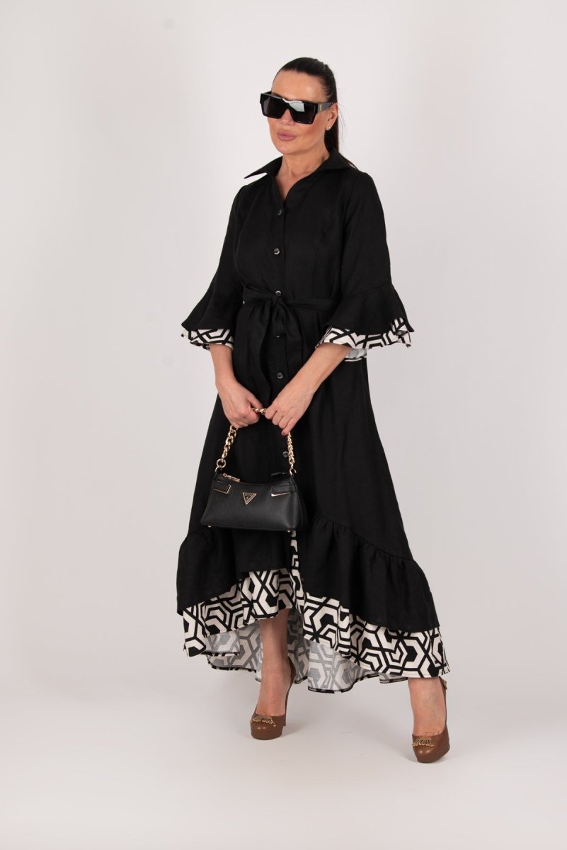 Linen Black Flounces Dress SALEM - EUG Fashion