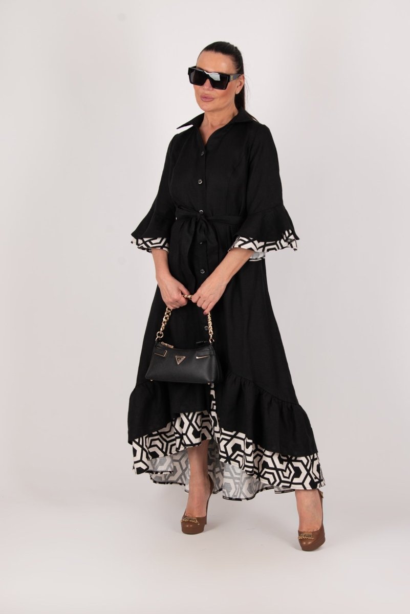 Linen Black Flounces Dress SALEM - EUG Fashion EugFashion 