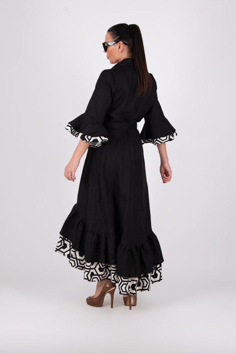 Linen Black Flounces Dress SALEM - EUG Fashion