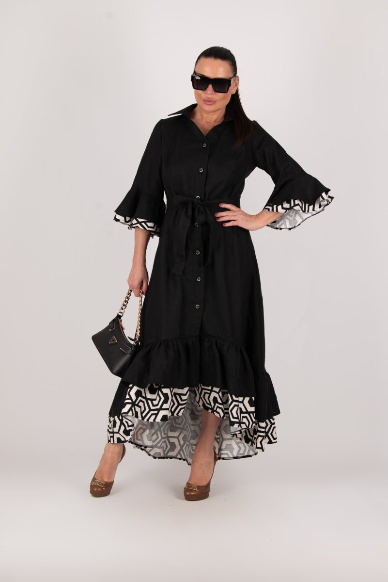 Linen Black Flounces Dress SALEM - EUG Fashion EugFashion 