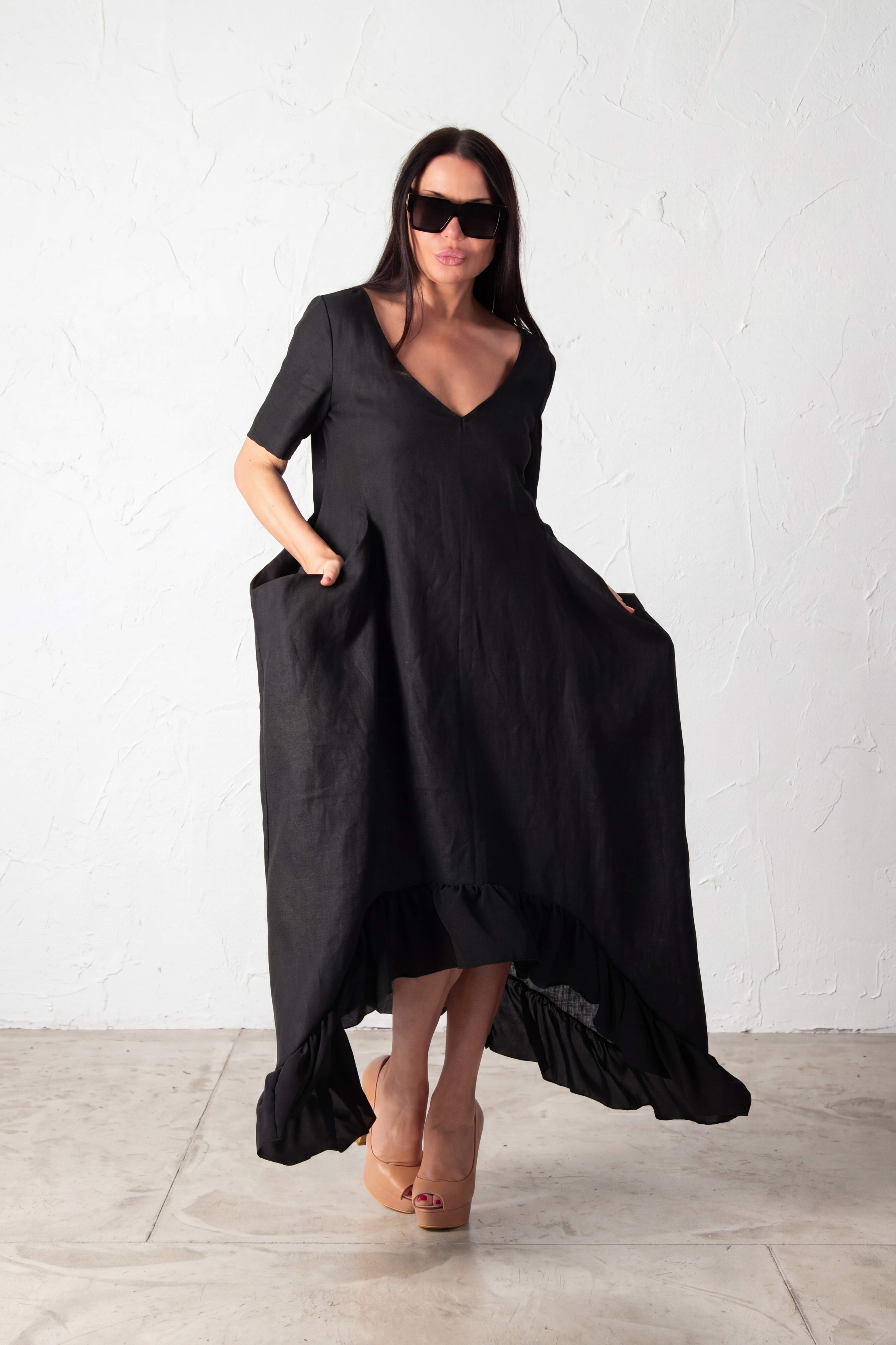 Linen Black Dress Casablanca, Black / Custom Size