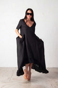 linen wide summer dress - EUG fashion #black