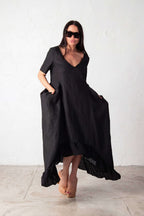 linen wide summer dress - EUG fashion #black