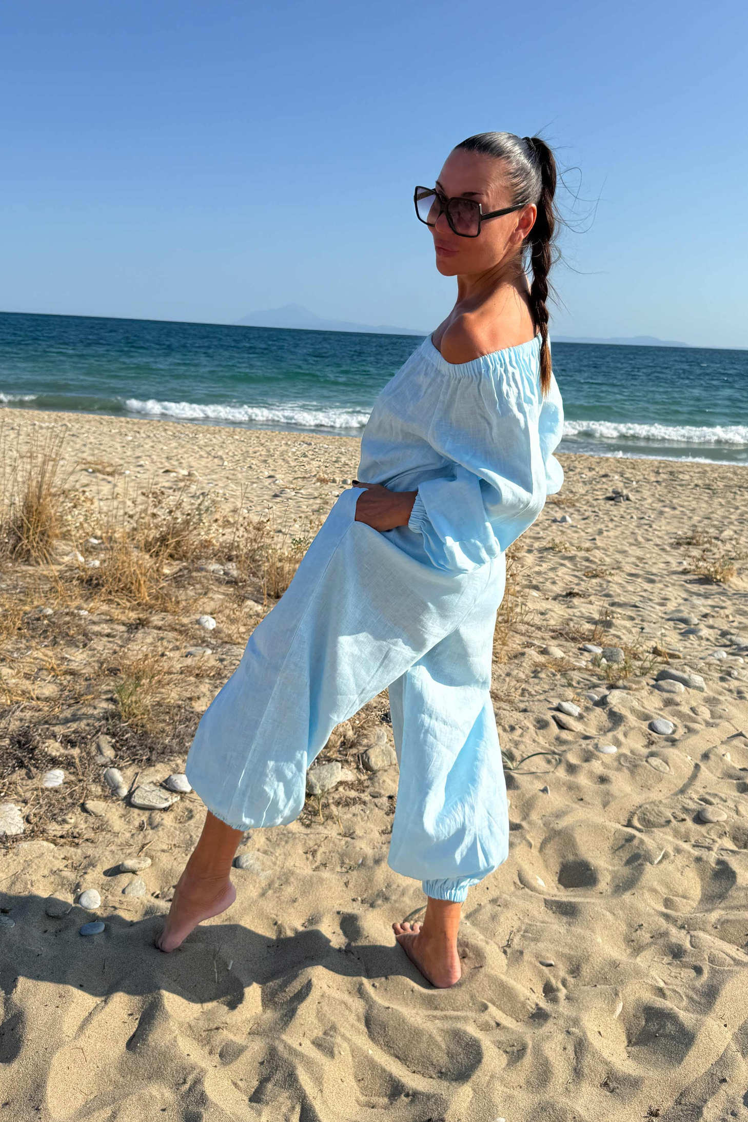 off shoulders linen jumpsuit #light-blue