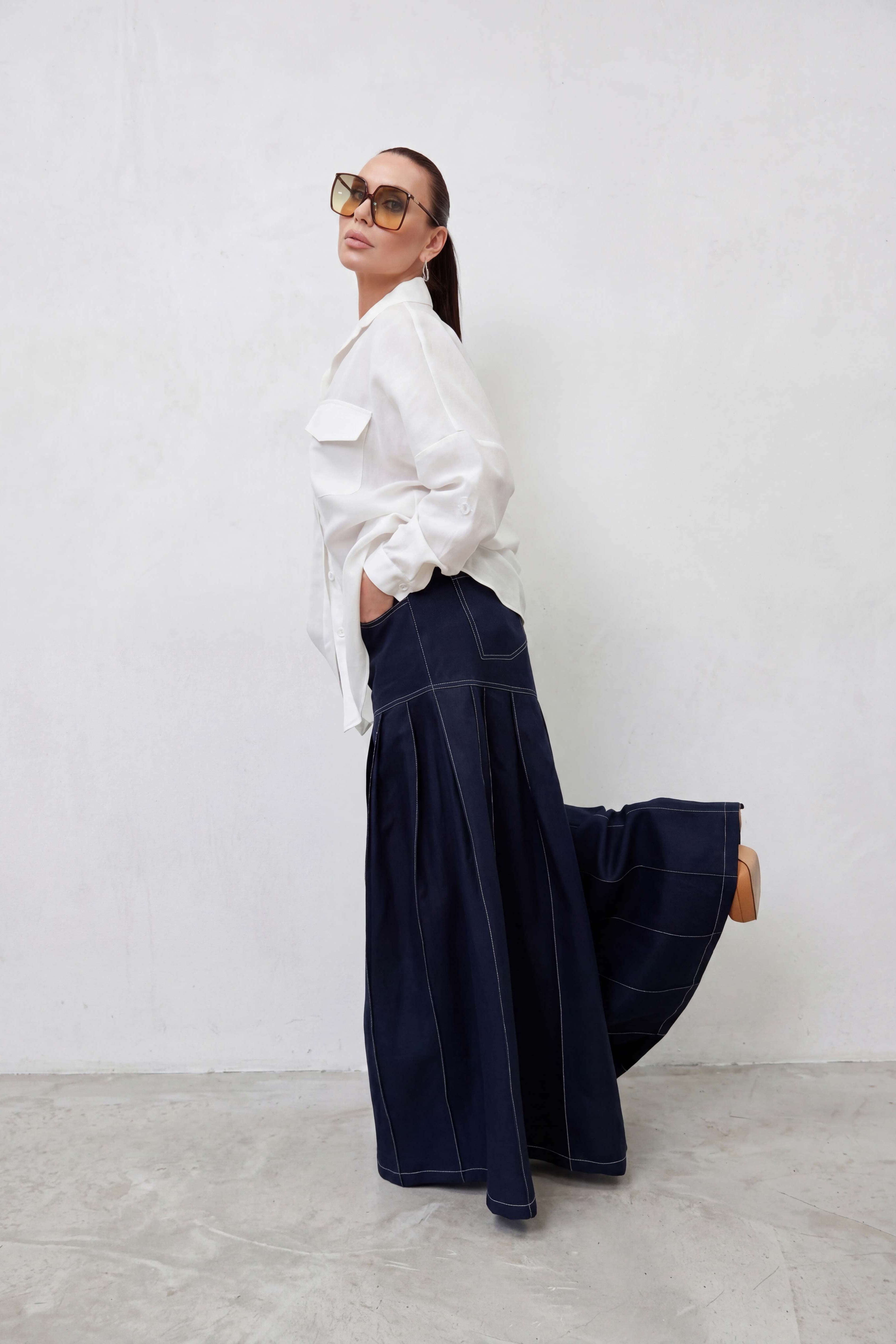 Linen wide leg pants #dark-blue