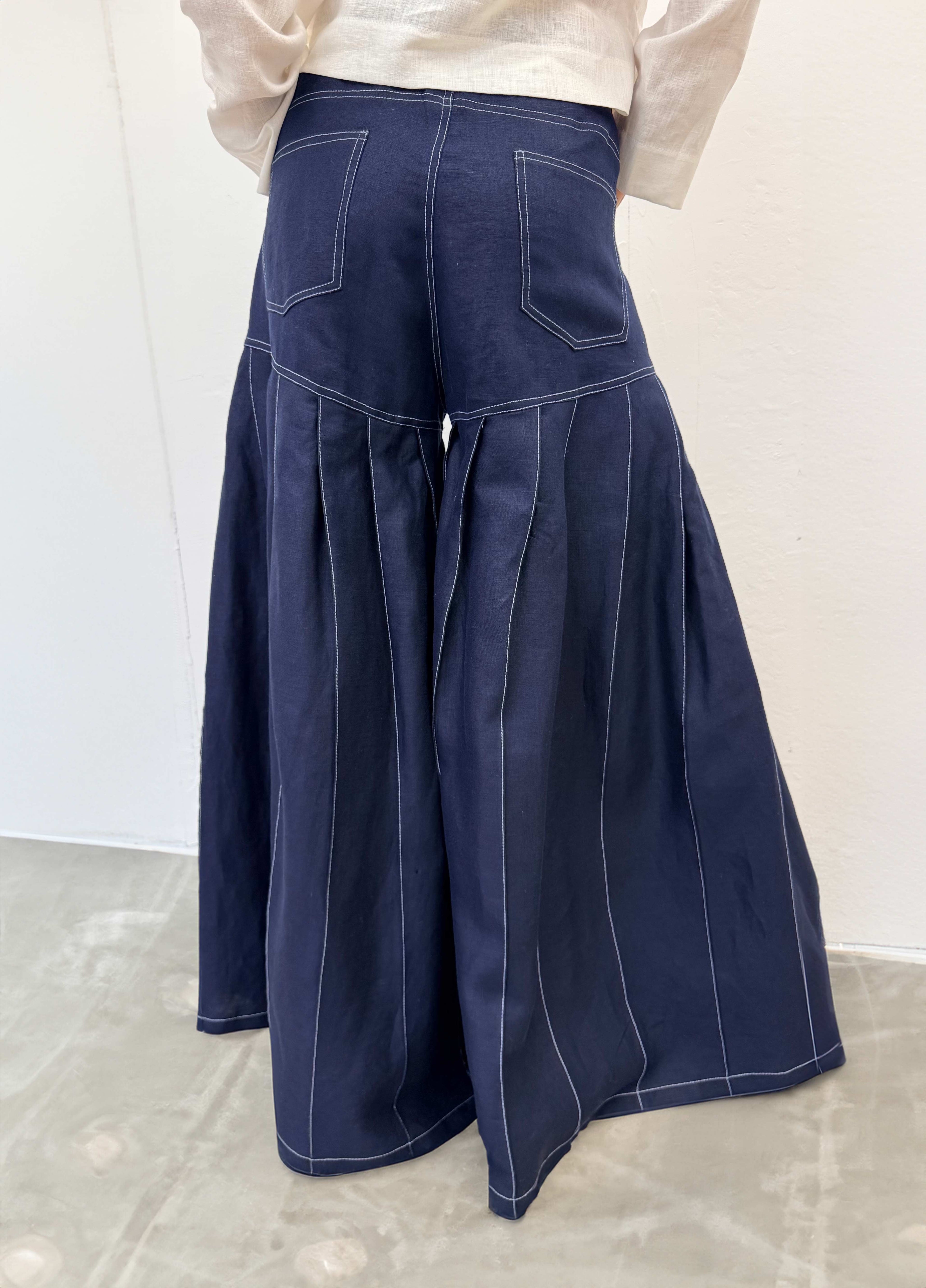 Navy blue wide-leg pants on a plain background
