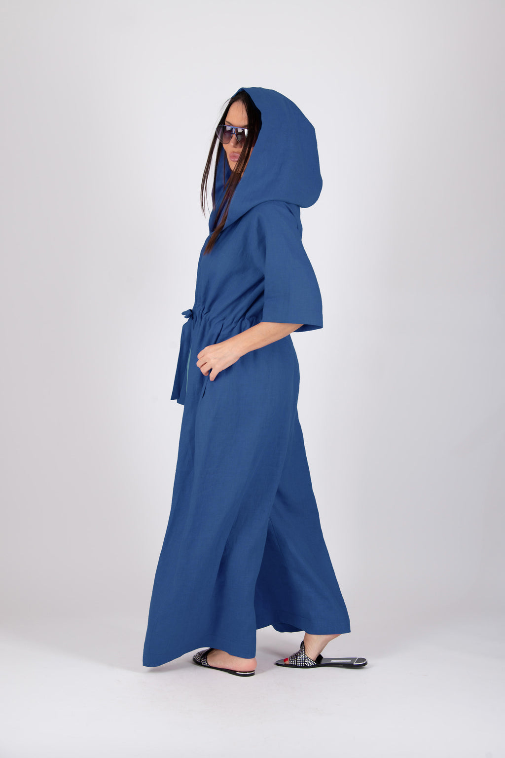 Hooded linen wide jumpsuit #blue