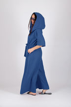 Hooded linen wide jumpsuit #blue