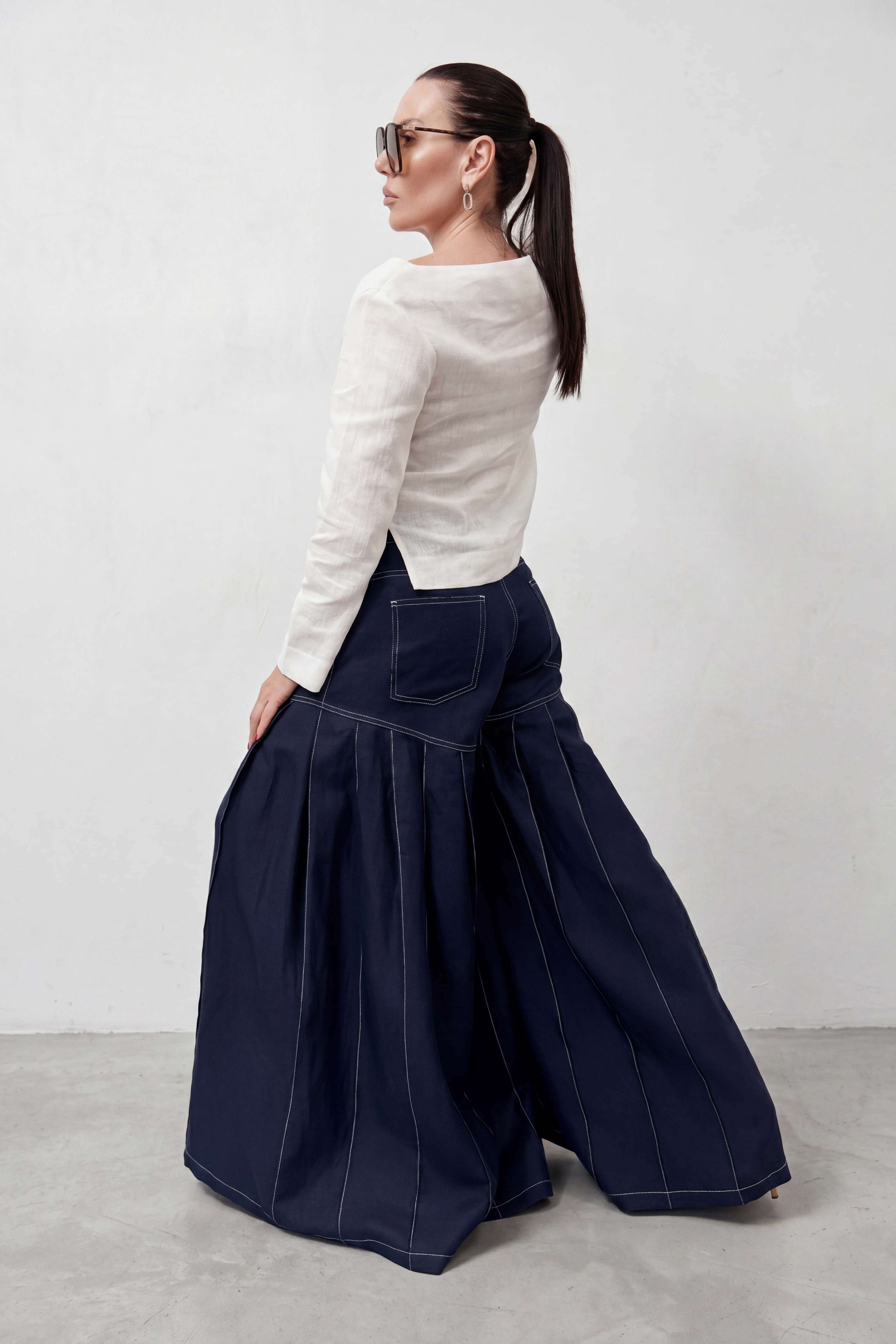 Linen wide leg pants #dark-blue