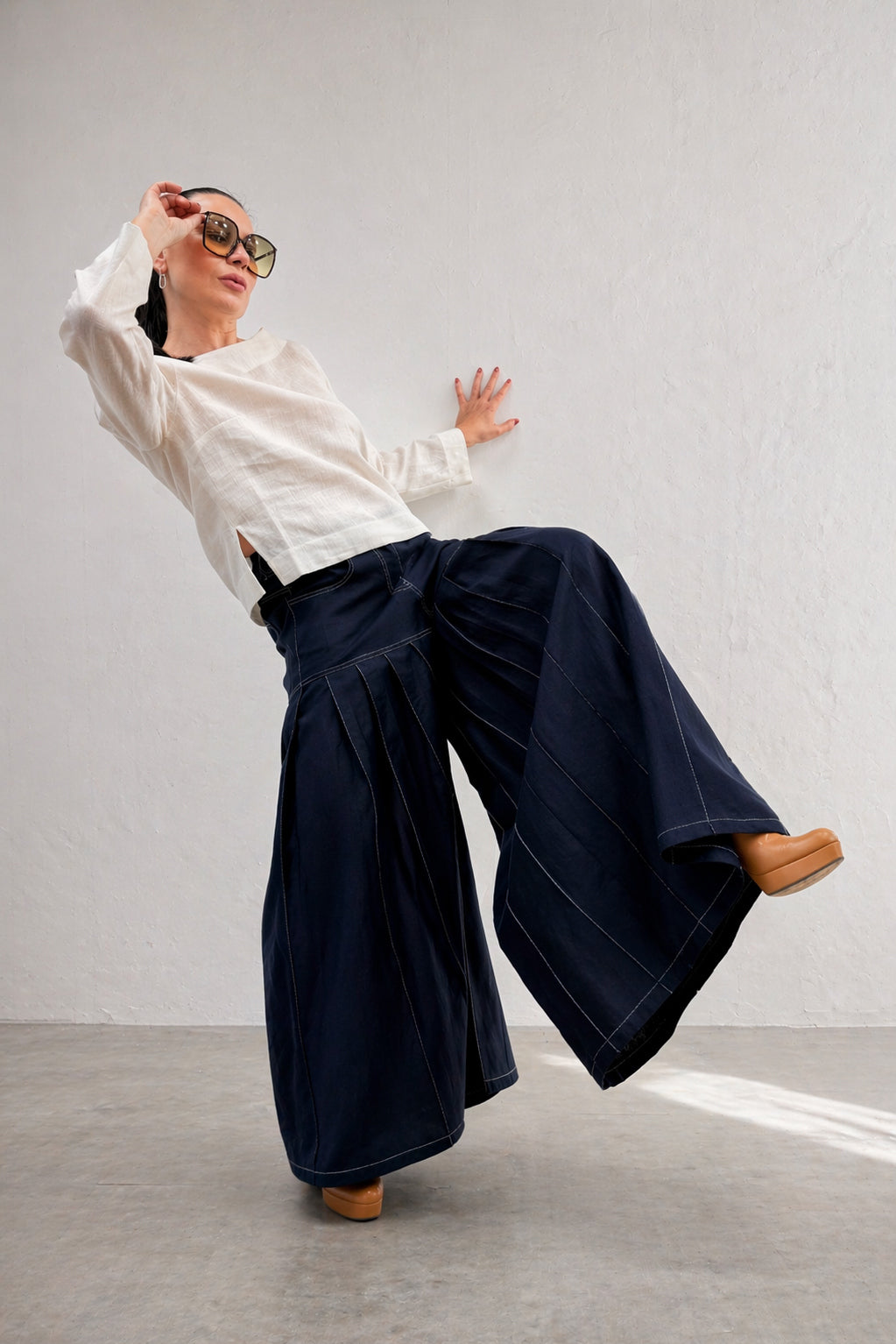 Linen wide leg pants #dark-blue