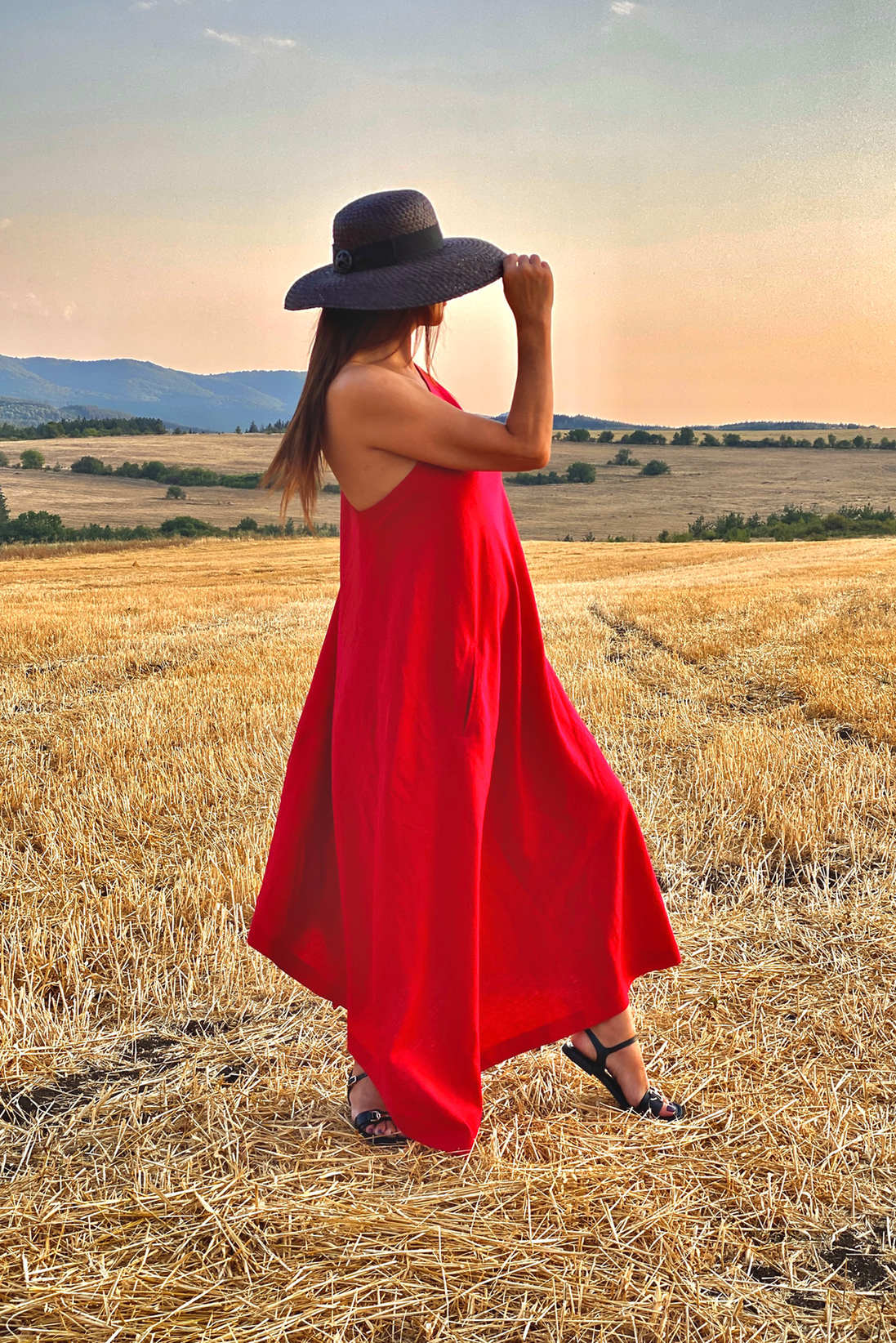 one shoulder linen dress #red