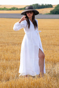 linen wrap long sleeves dress - eug fashion #white
