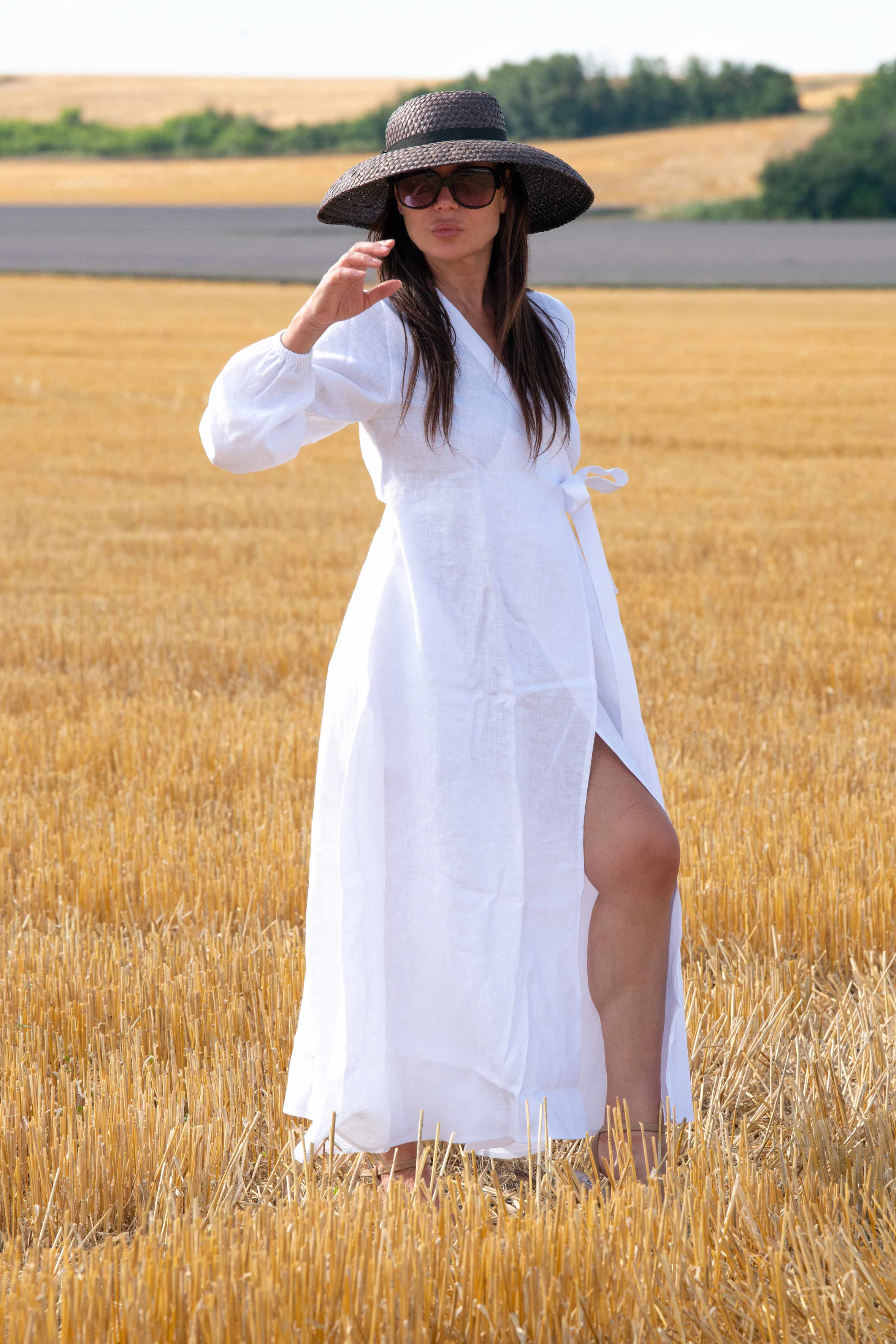 linen wrap long sleeves dress - eug fashion #white