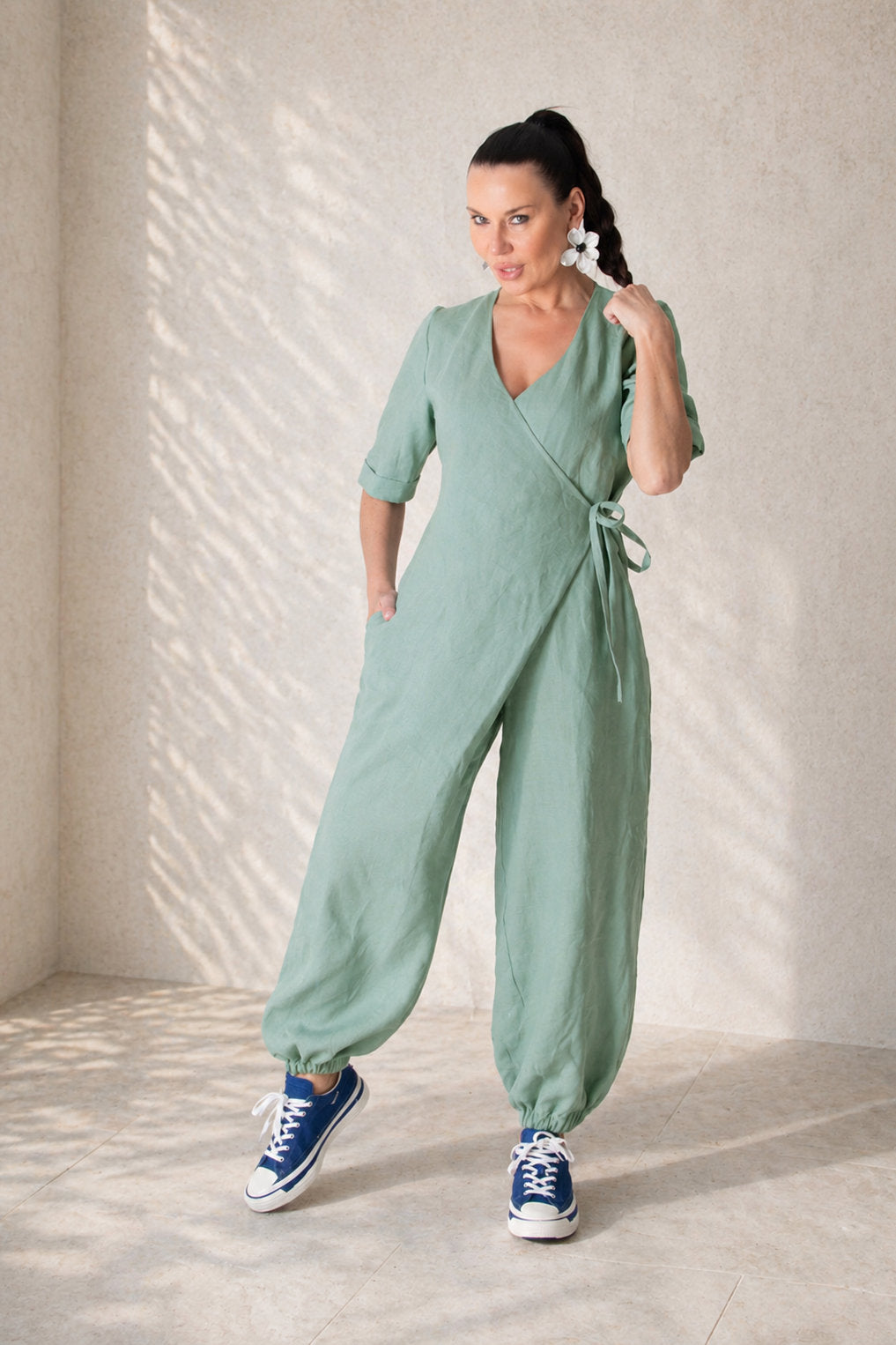 Wrap linen jumpsuit #mint-green