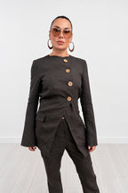 linen outfit jacket and pants EUG fashion #dark-brown