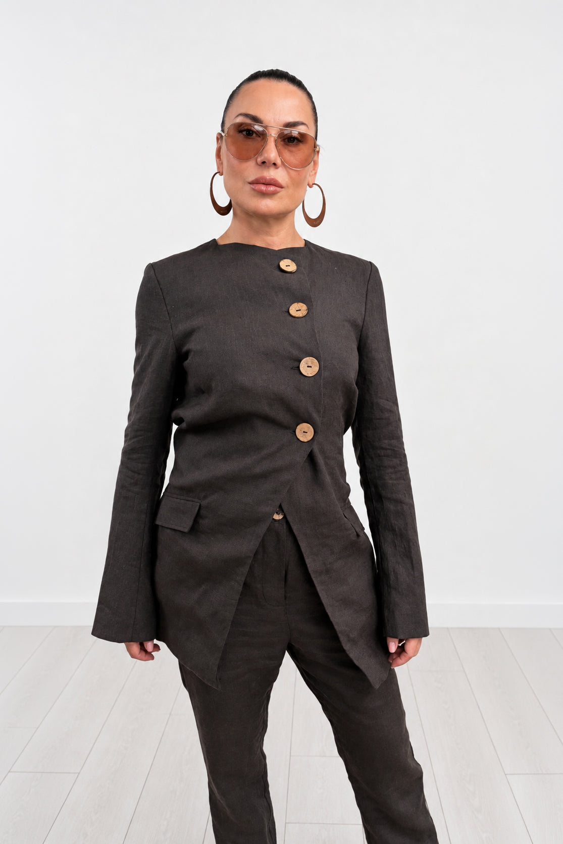 linen outfit jacket and pants EUG fashion #dark-brown